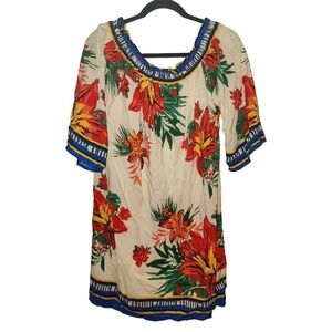 Free Market Floral Print Colorful‎ Flowers Bohemian Short Sleeve  Tunic Large